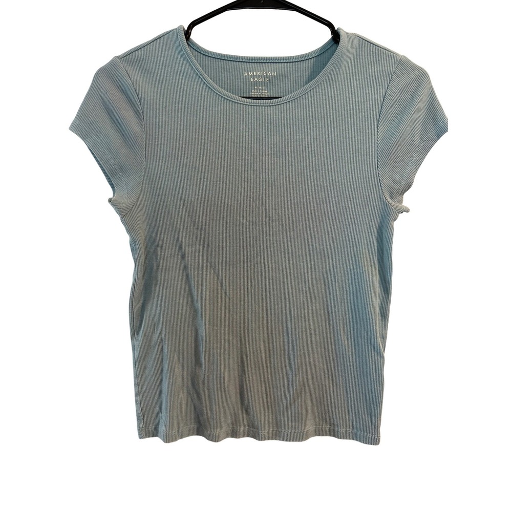 American Eagle Womens Ribbed Short Sleeve Crew Neck Baby Tee Blue Size M